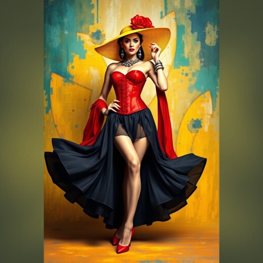 Vibrant Woman in Whimsical Setting with Abstract Art Element...