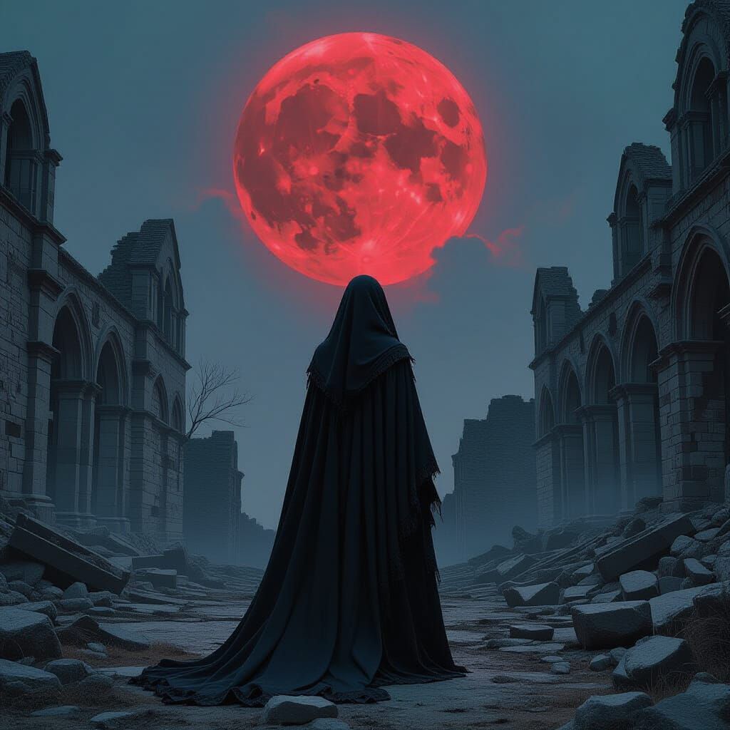 Gothic Priestess in Ruined Monastery Under Blood Moon