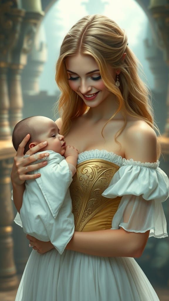 Ethereal Medieval Mother Holds Her Baby in a Castle
