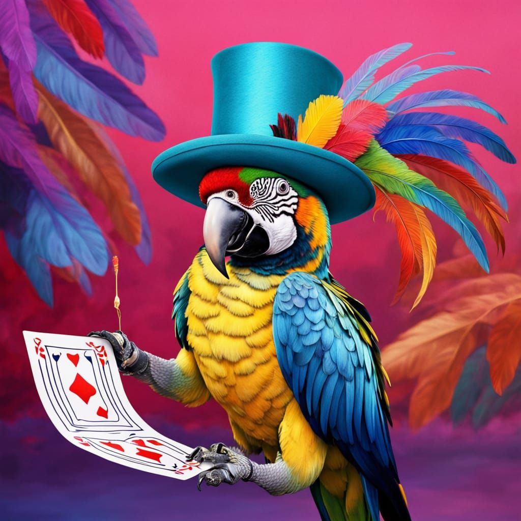 Vibrant Parrot Pulls Card from Top Hat in Dreamlike Surreali...
