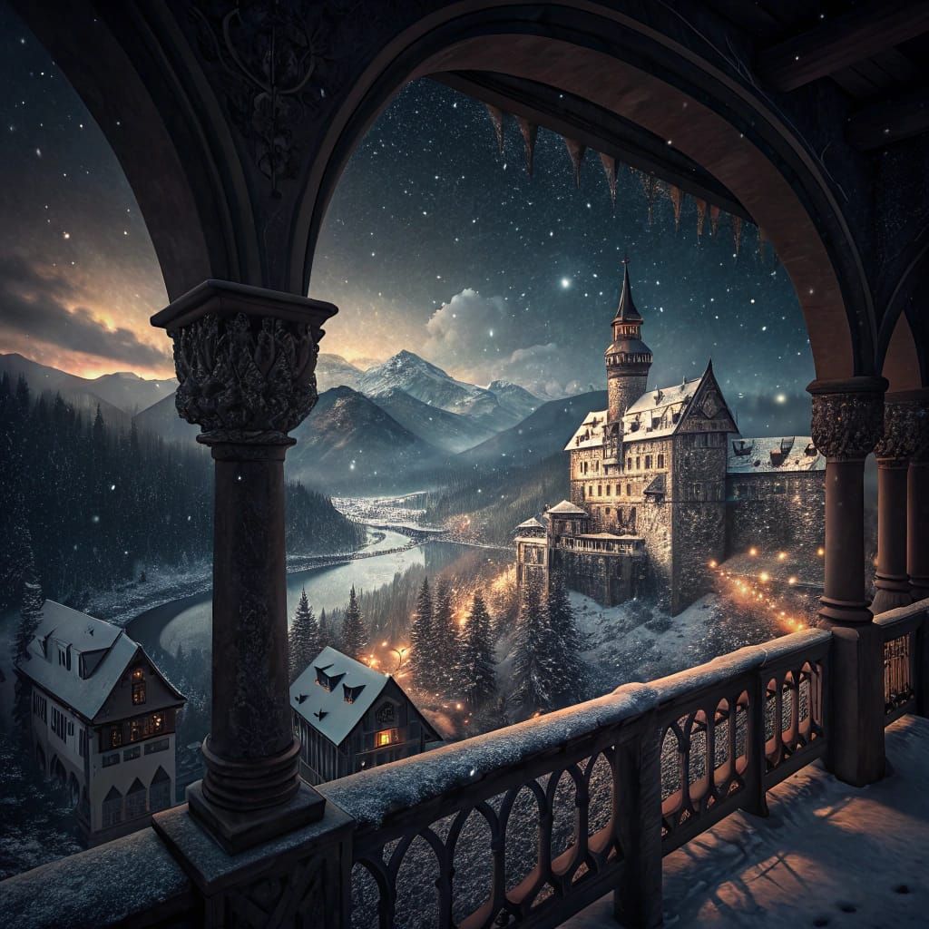 Bavarian Castle Overlooking Medieval Village in Snowstorm