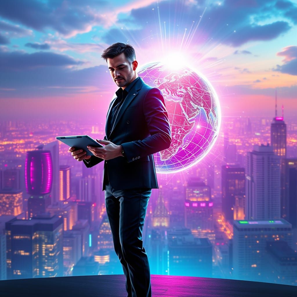 Sleek Futuristic Entrepreneur in Cyberpunk Cityscape with Gl...