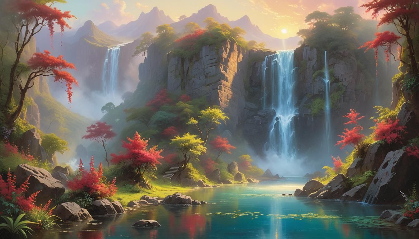 Waterfall Lagoon at Sunrise in Triadic Colors