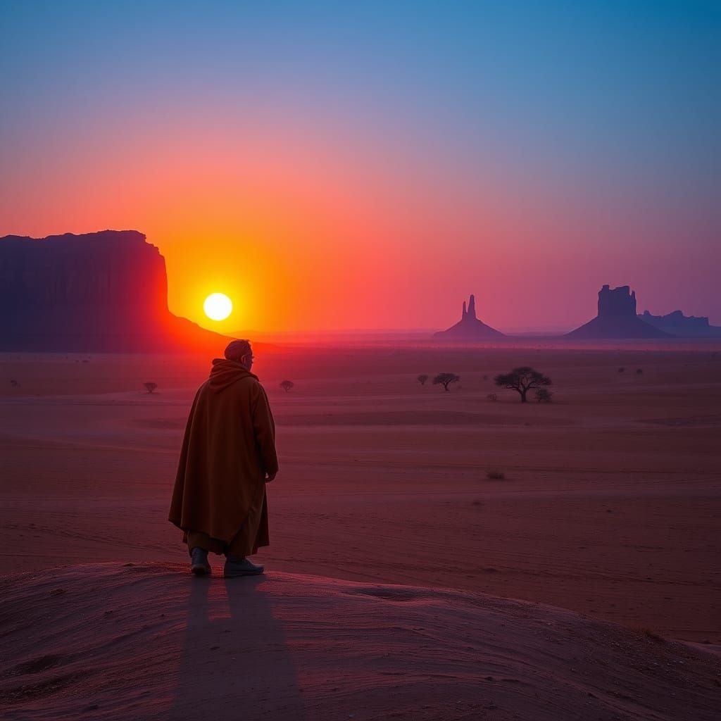 Desert Nomad at Sunset in Atmospheric Landscape Style