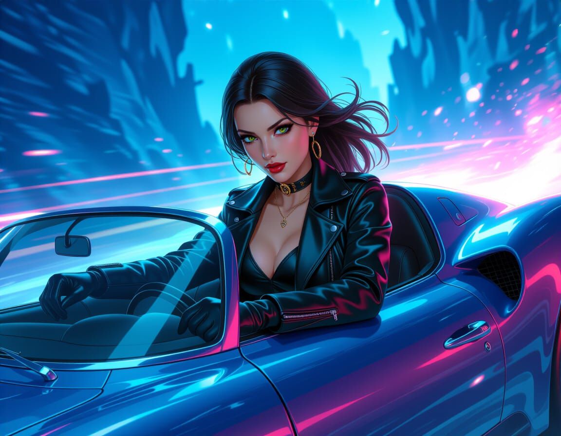 Woman Drives Car in Mystical Realm: Anime Art