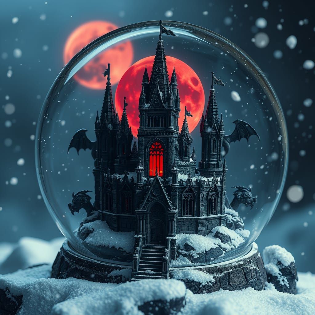Gothic Snowglobe Castle with Blood-Red Moon