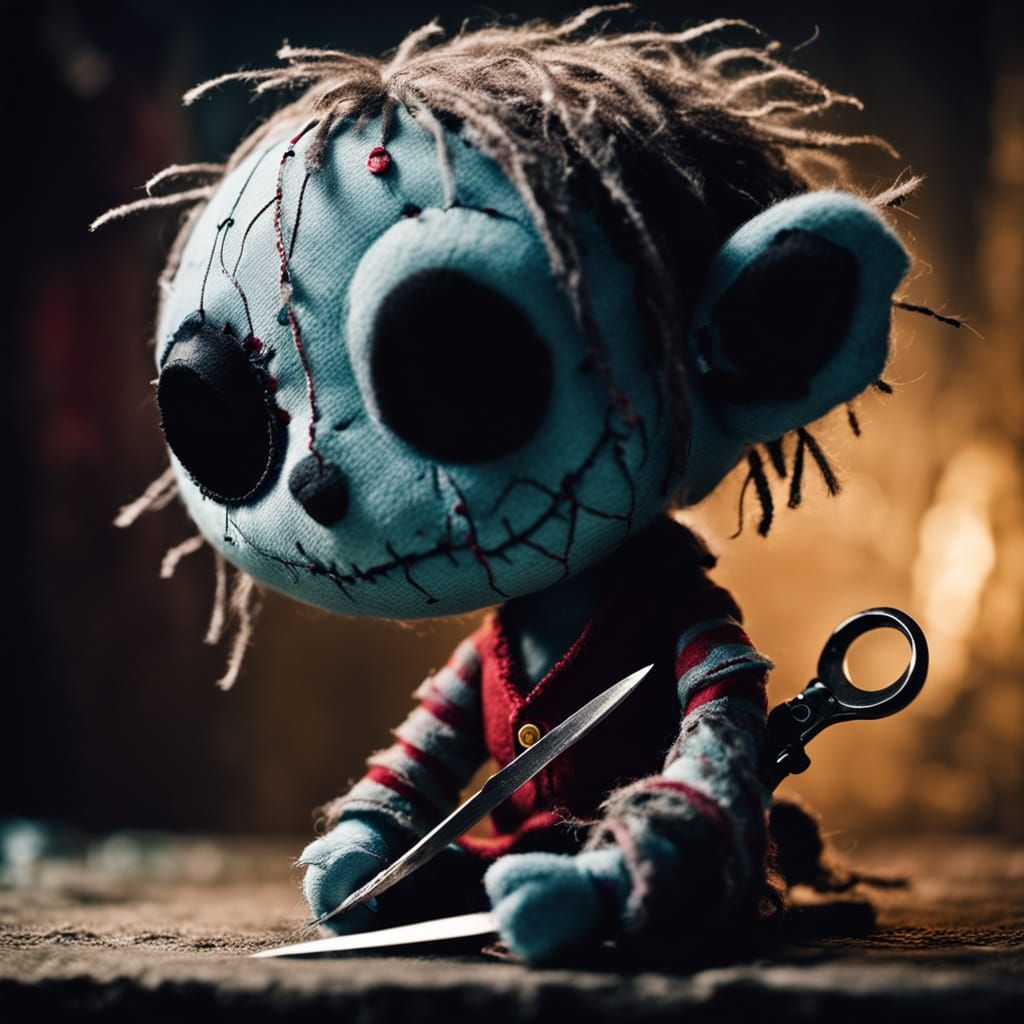 Stitched Plush Doll with Giant Scissors, Dark Fantasy Art