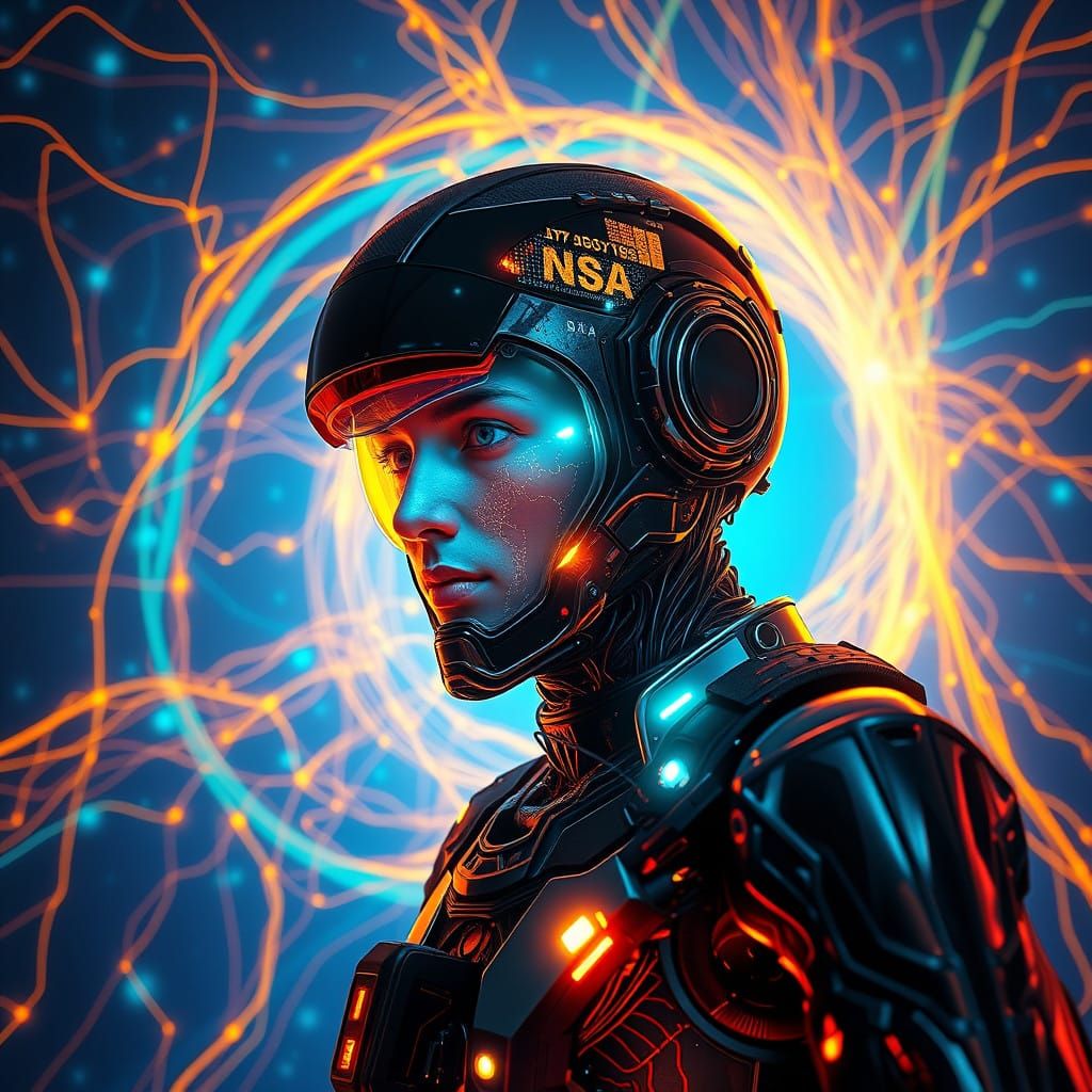 Futuristic NSA Agent Merges with Digital Realm in Neon-Lit C...