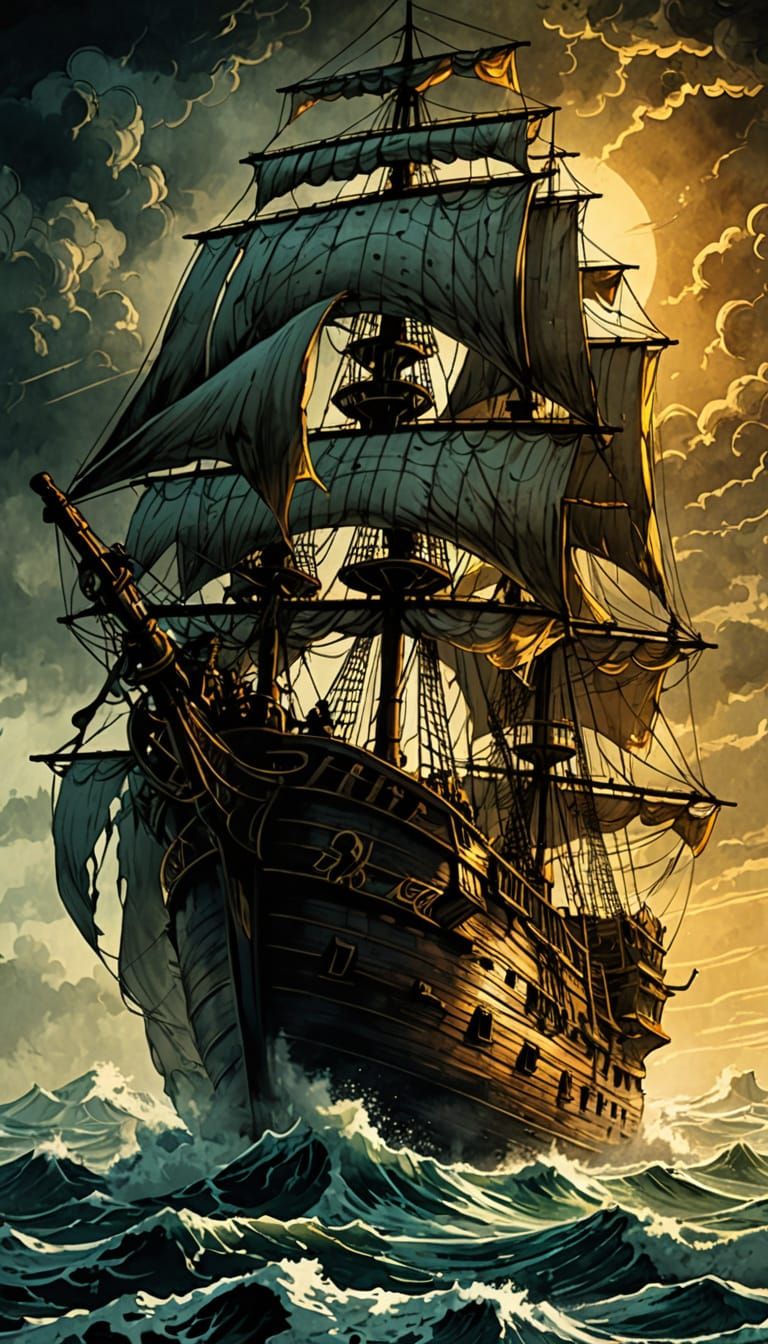 Baroque Pirate Ship in Turbulent Stormy Sea