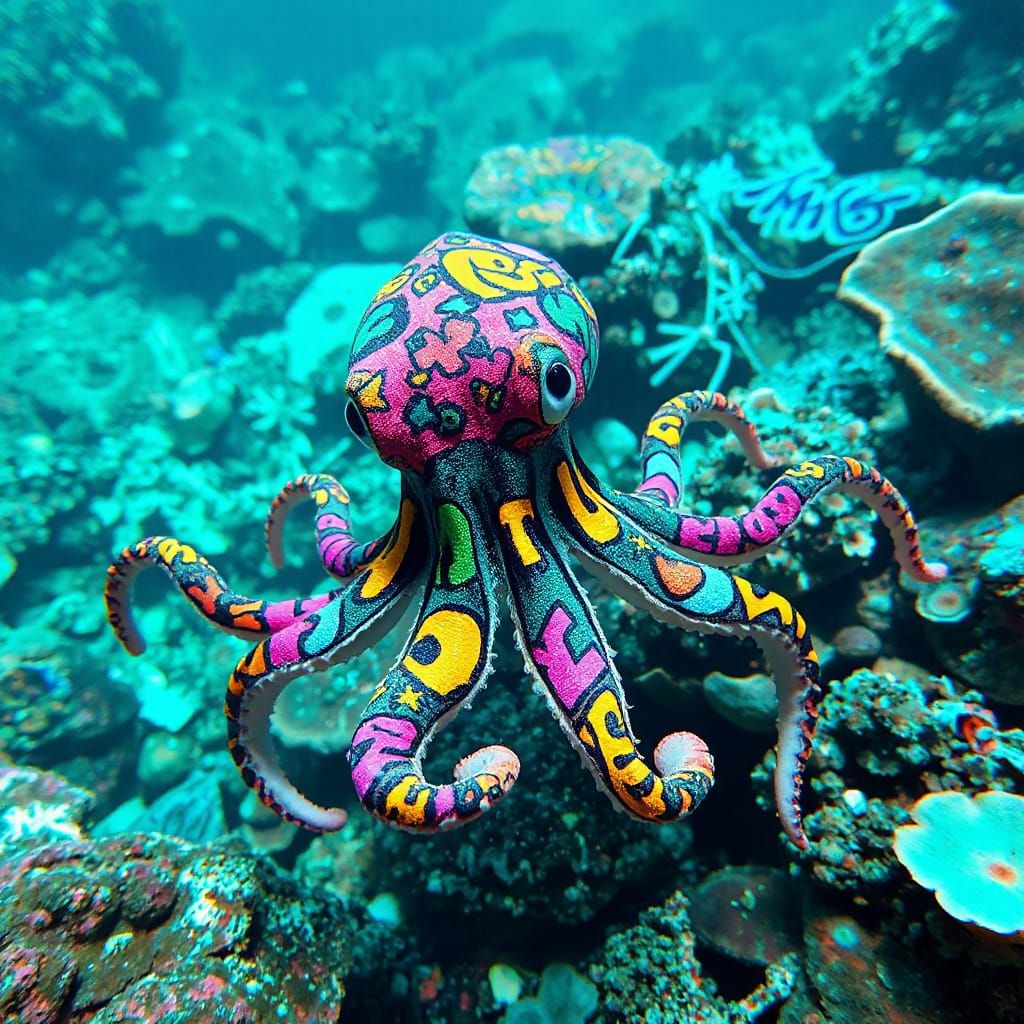 Graffiti Squid in a Vibrant Underwater Mural