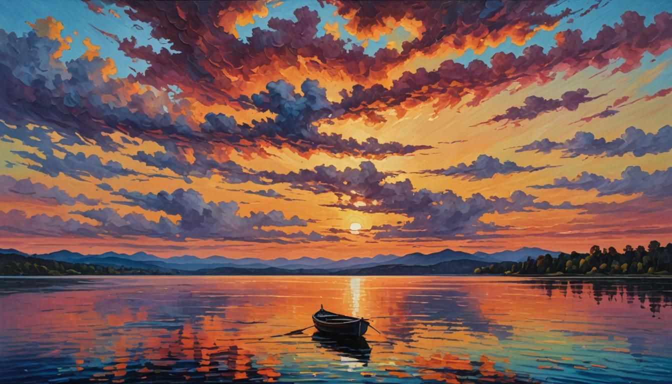 Colorful Sunset Lake in Expressionist Impasto Style