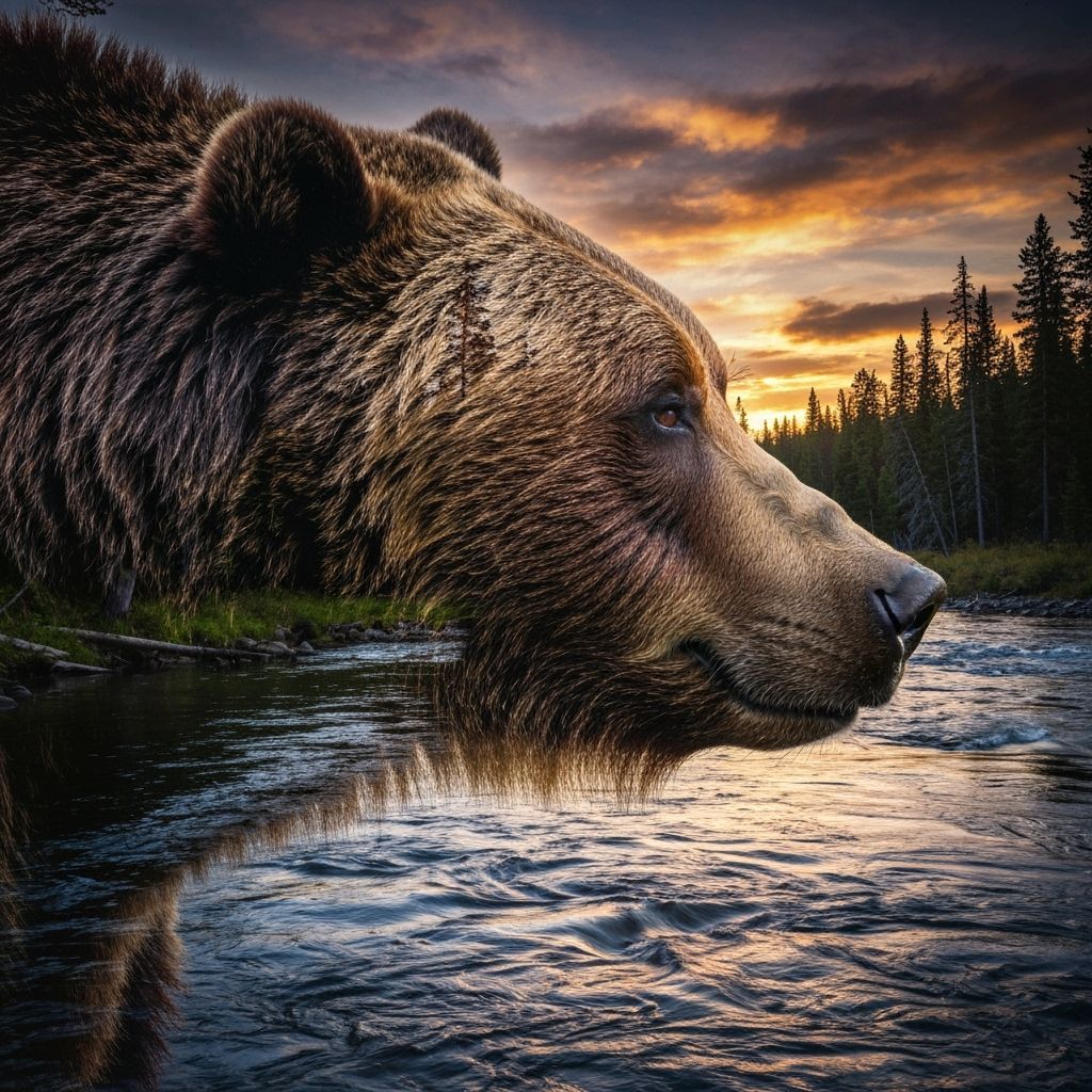 Grizzly Bear and River Double Exposure at Sunset