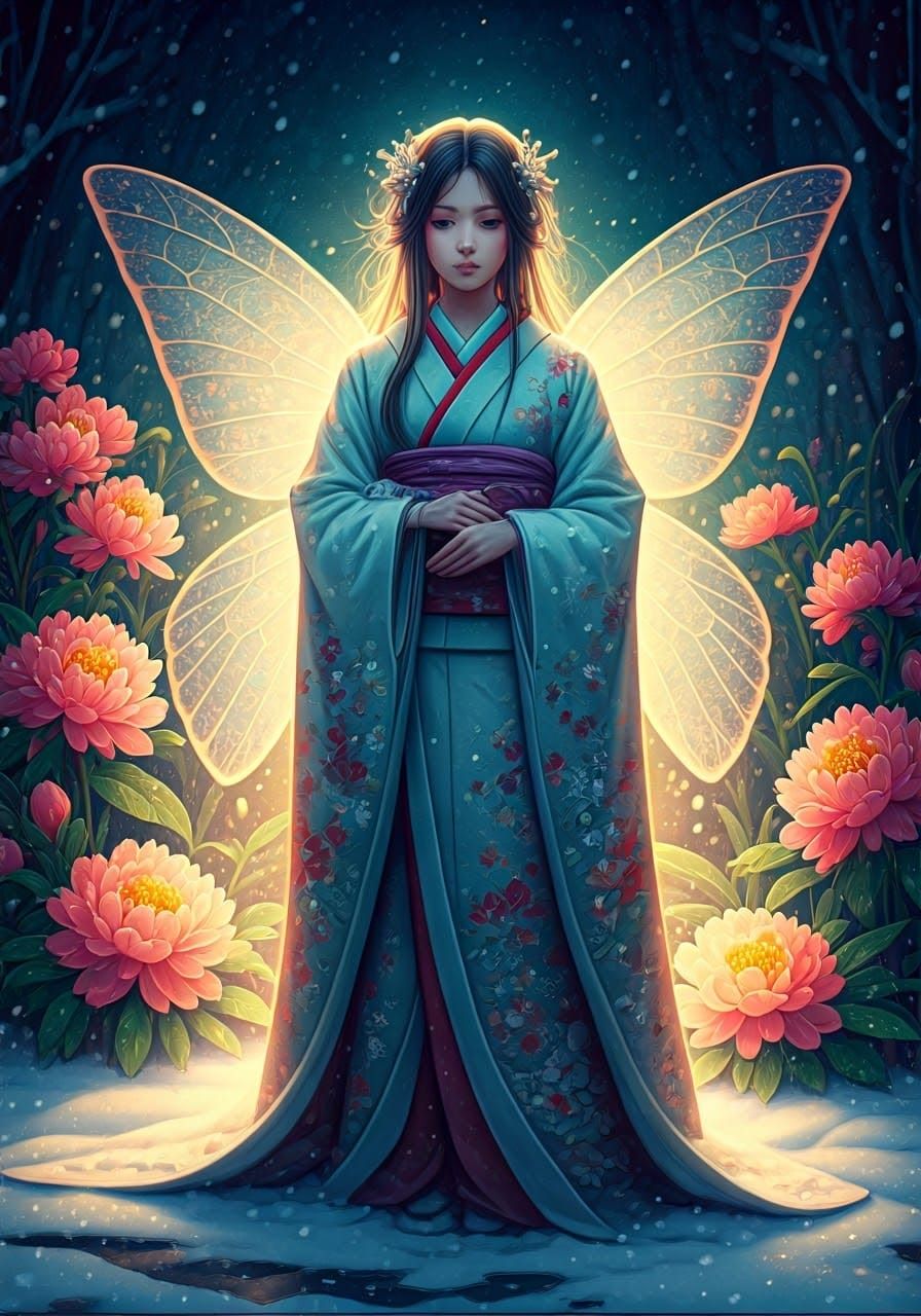 Surreal Winter Fairy Amidst Vibrant Blooms in Anime Style Wa...