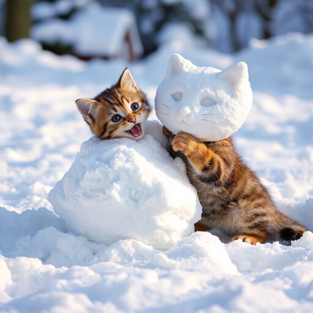 Kitten Joyfully Builds Giant Snow Cat
