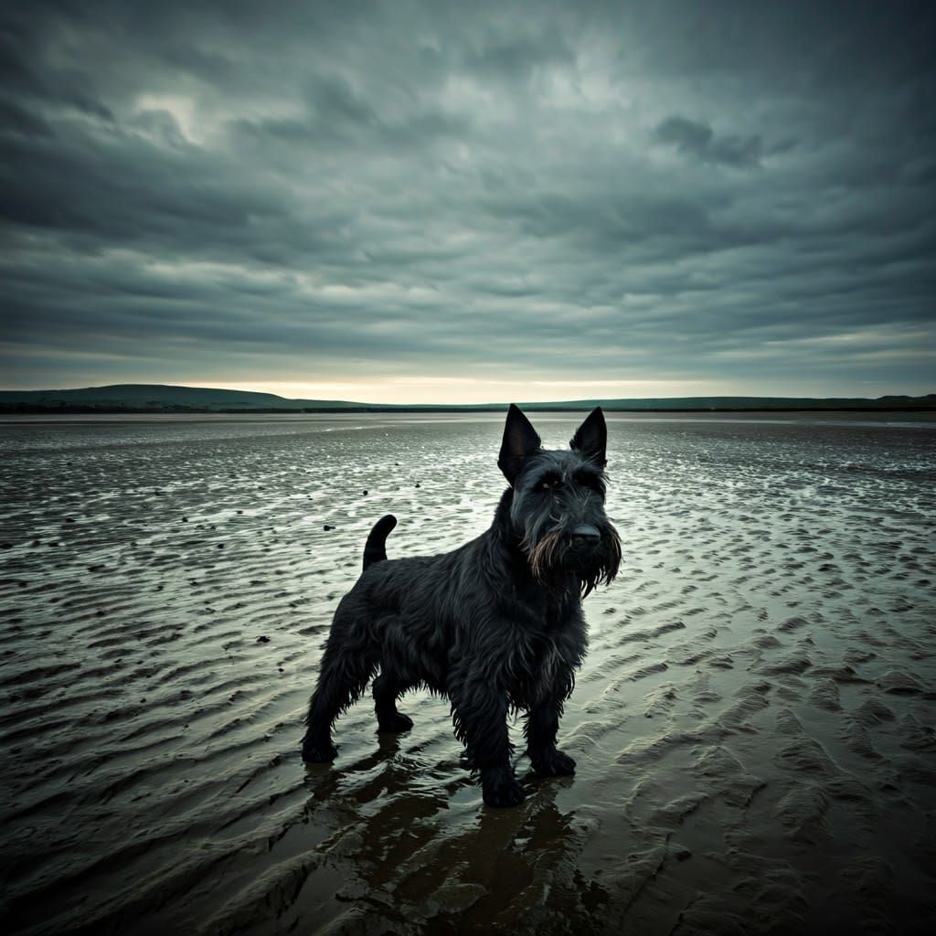 Misty Scottish Terrier on the Solway Mudflats