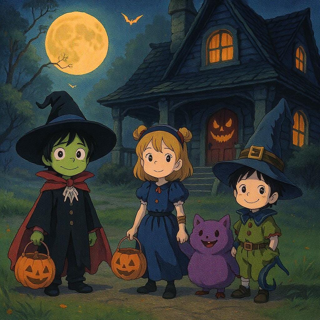 Children Trick-or-Treating in Spooky Costumes