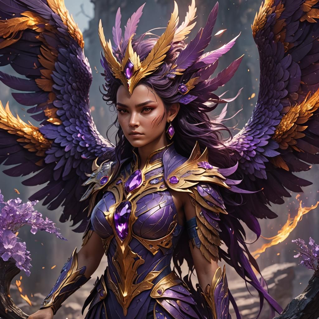Amethyst Phoenix Woman: Detailed Fantasy Art