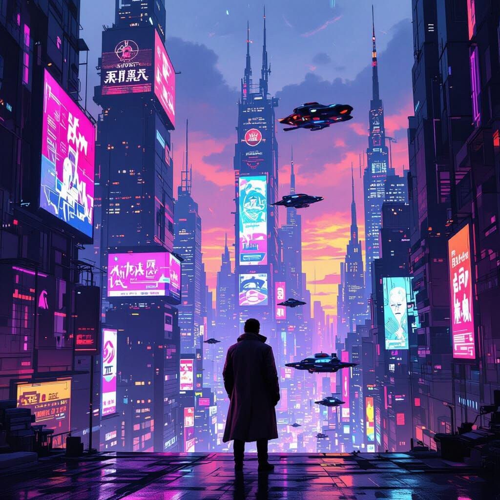 Cyberpunk Cityscape at Dusk with Flying Vehicles