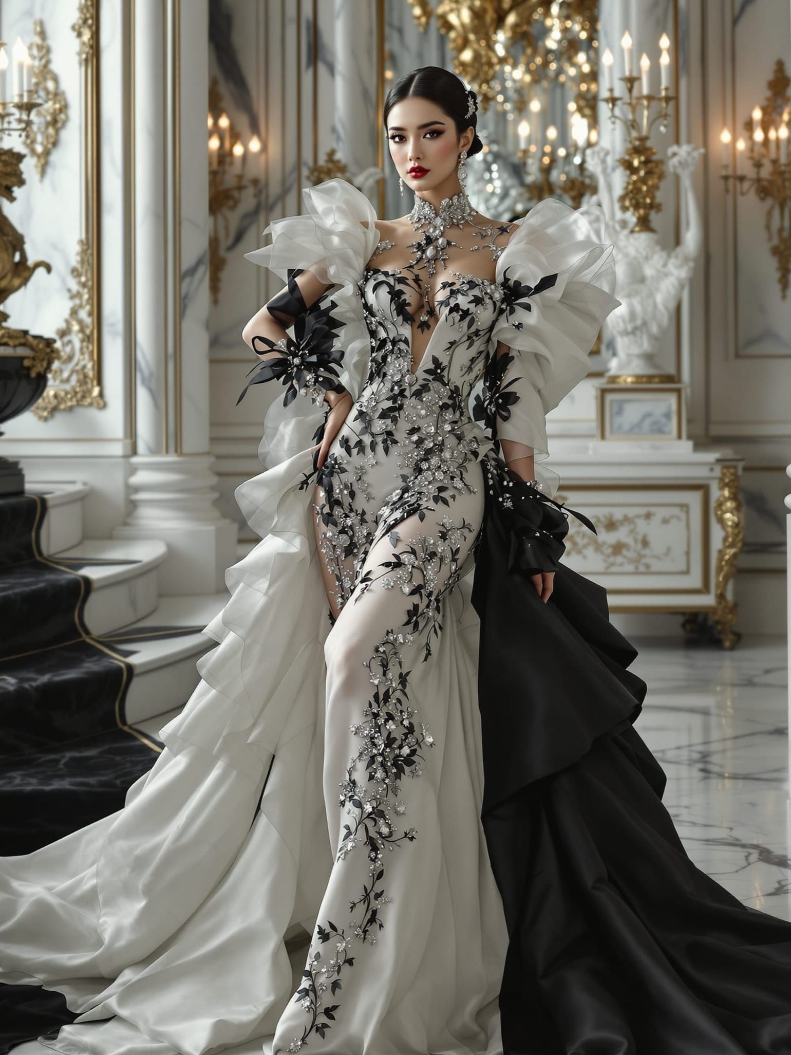 Elegant Korean Model in Haute Couture Style