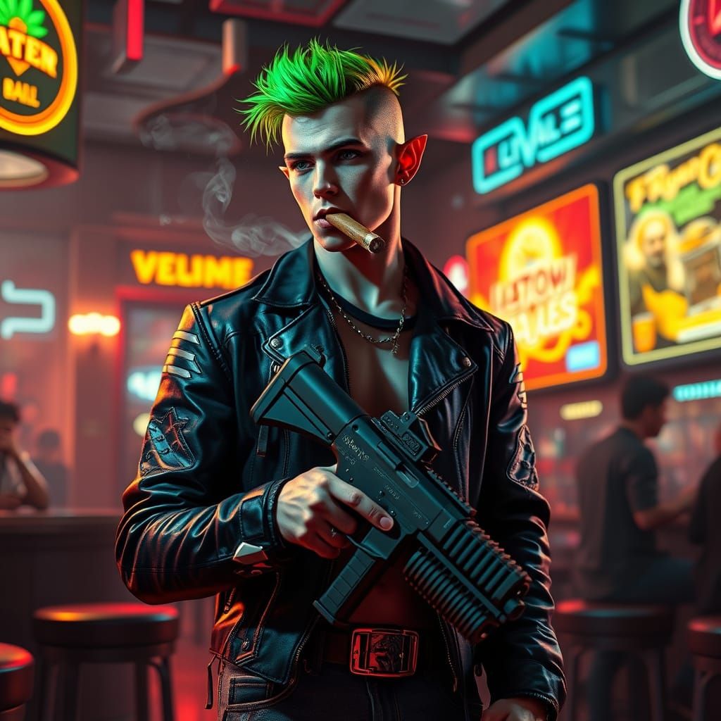 Cyberpunk Bar Icon in Green Hair and Leather Jacket