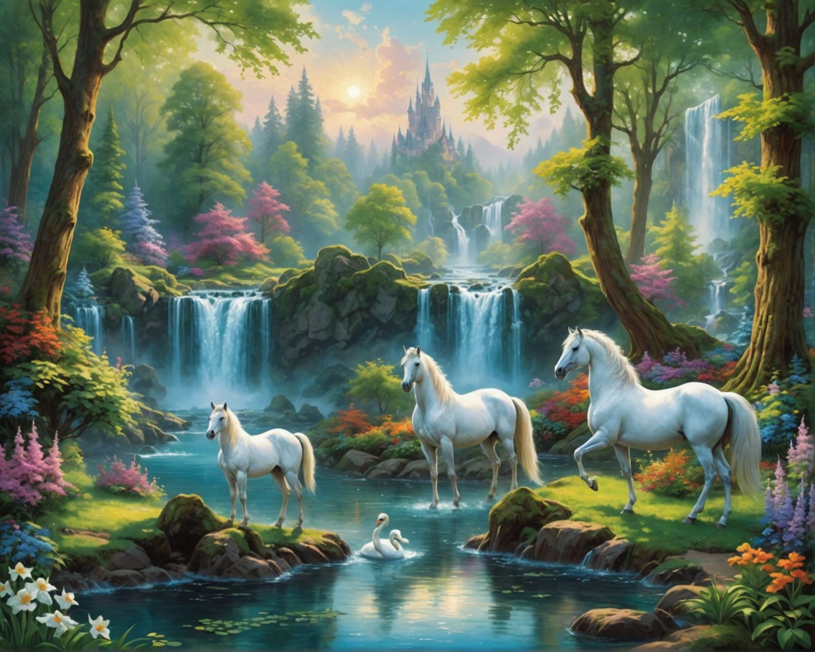 Magical Horses in Mystical Forest: Oil Painting