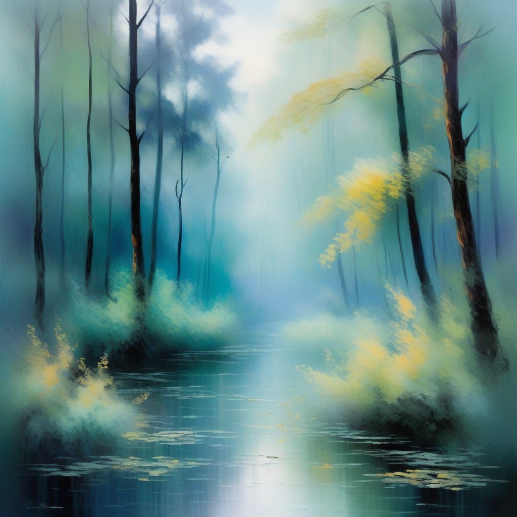 Misty Forest Serenity in Impressionist Style