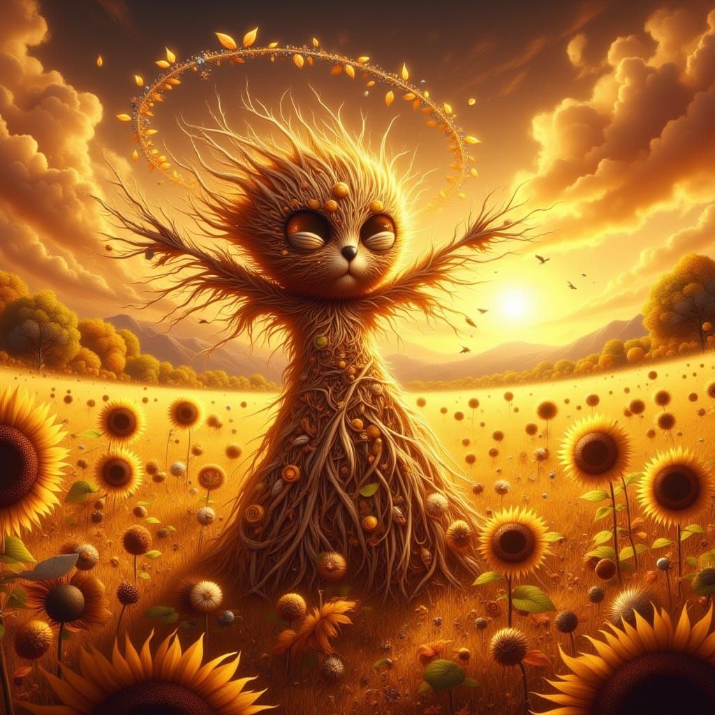 Whimsical Scarecrow in Surreal Wheat Field