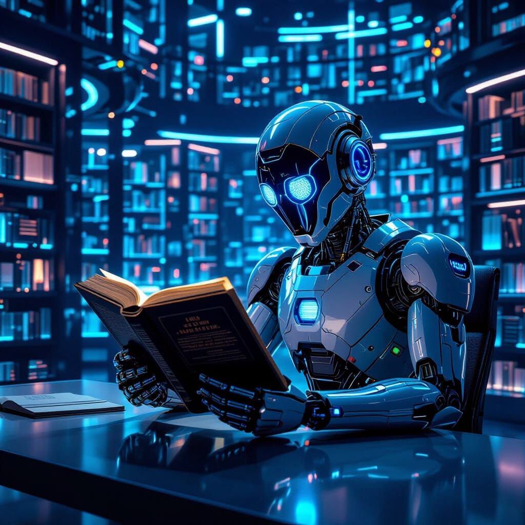 Robot Reading in Futuristic Library Poster Art