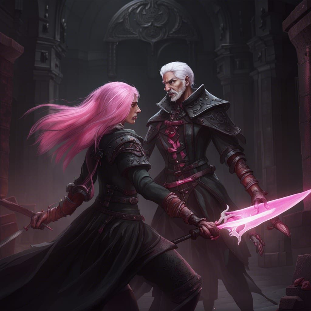 Gothic Woman and Pink Reaper Fighting in Dungeon