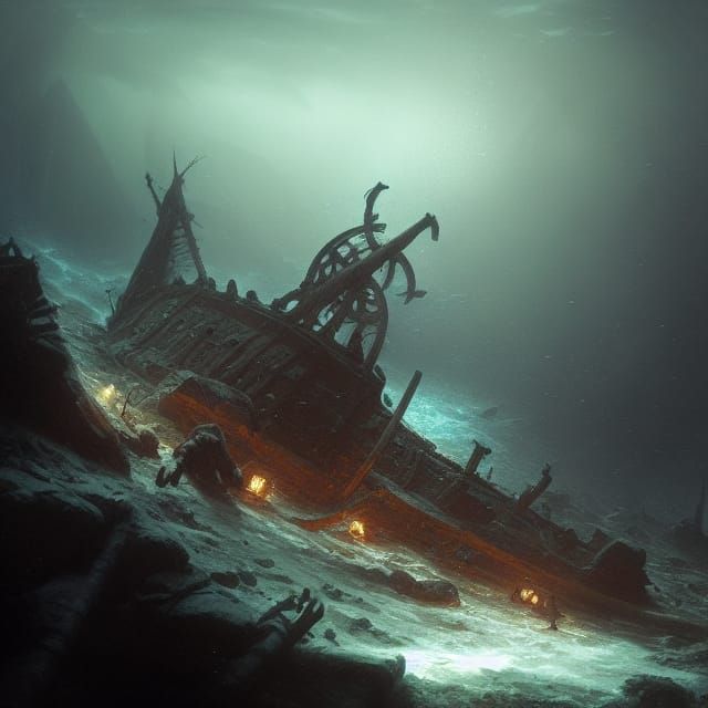 Underwater Viking Shipwreck in Dark Fantasy Style