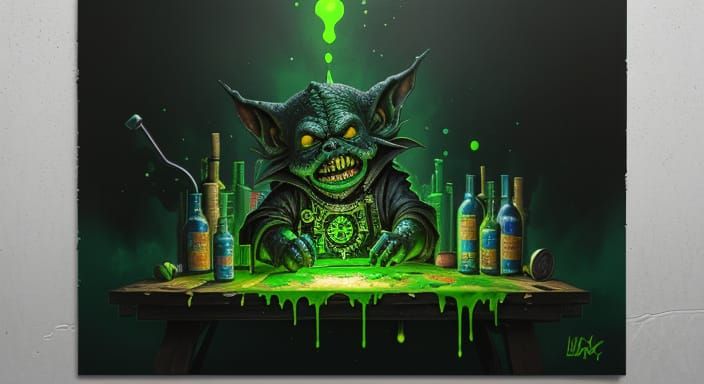 Gritty Goblin Laboratory Scene in Neon Green Graffiti Style