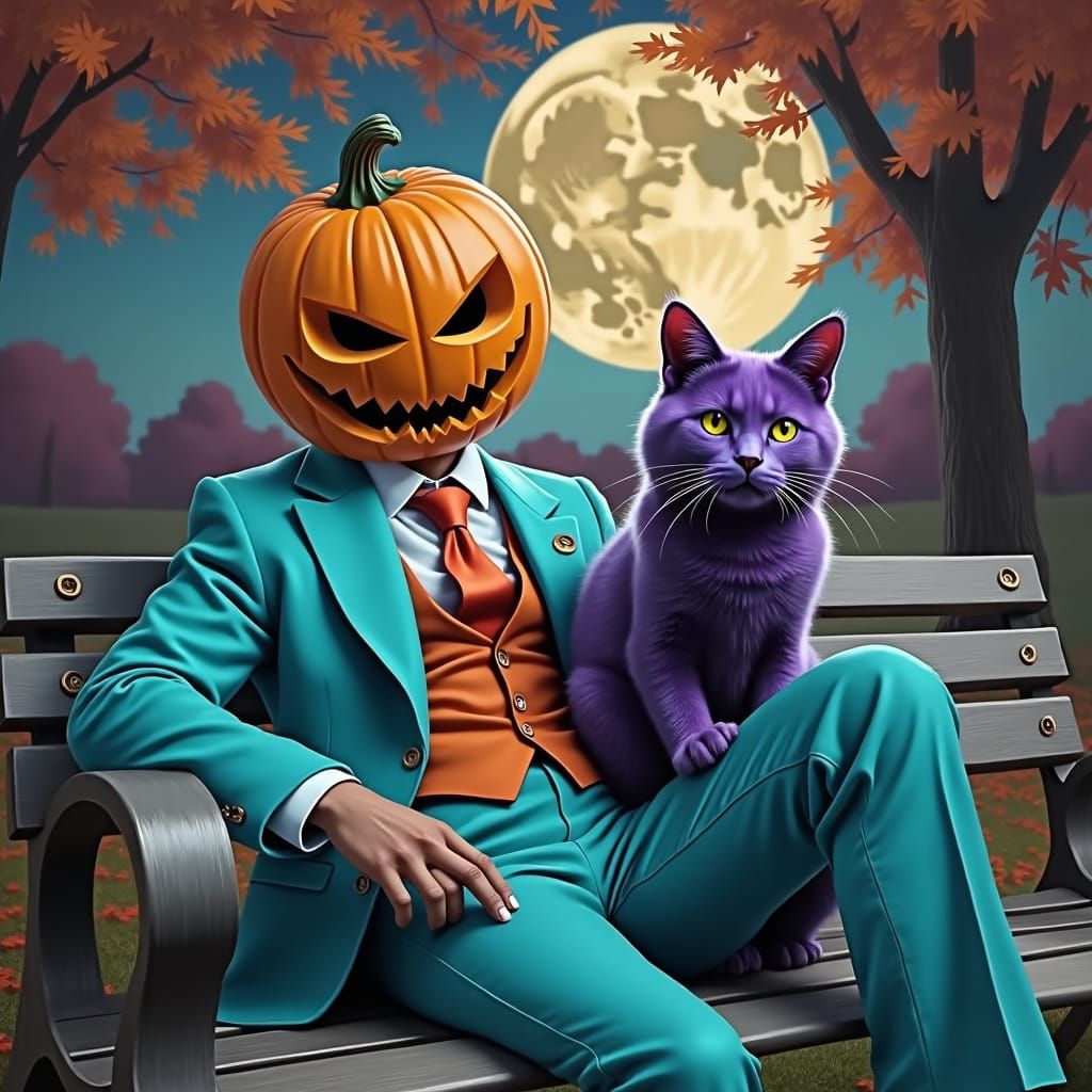Surreal Jack-O-Lantern Man and Cat on Bench