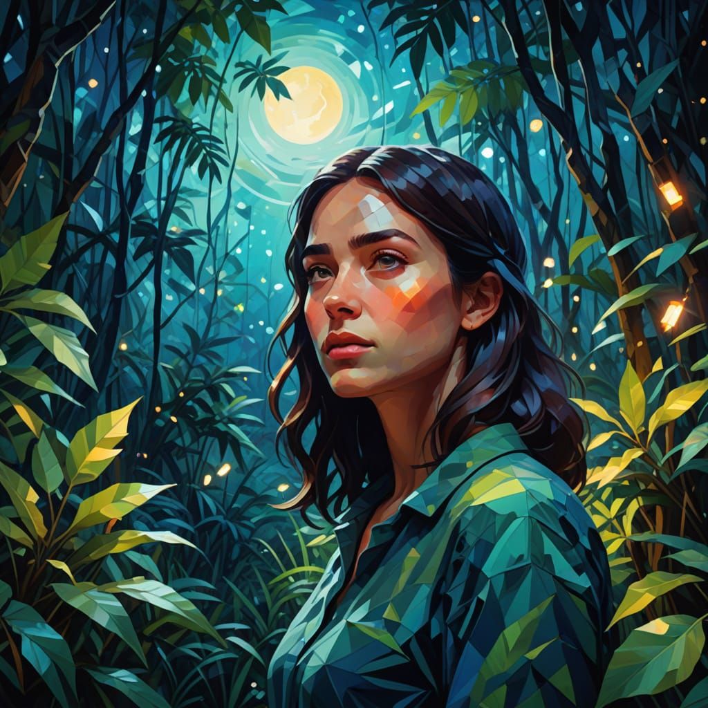 Ethereal Jungle Goddess in Vibrant Low-Poly Art