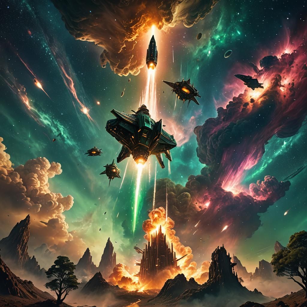 Spaceship at Starry Sunset in Distant Galaxy