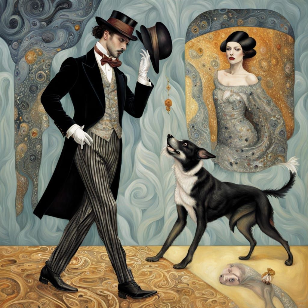 Elegant Dandy Greets Hellhound in Surreal Fairytale Style