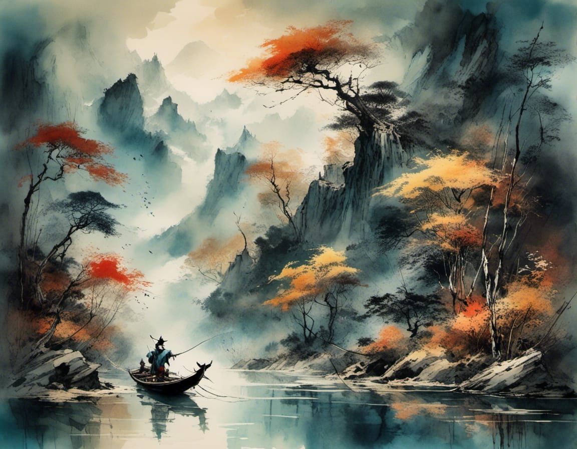 Japanese Landscape with Fishman Boat in Watercolor Style