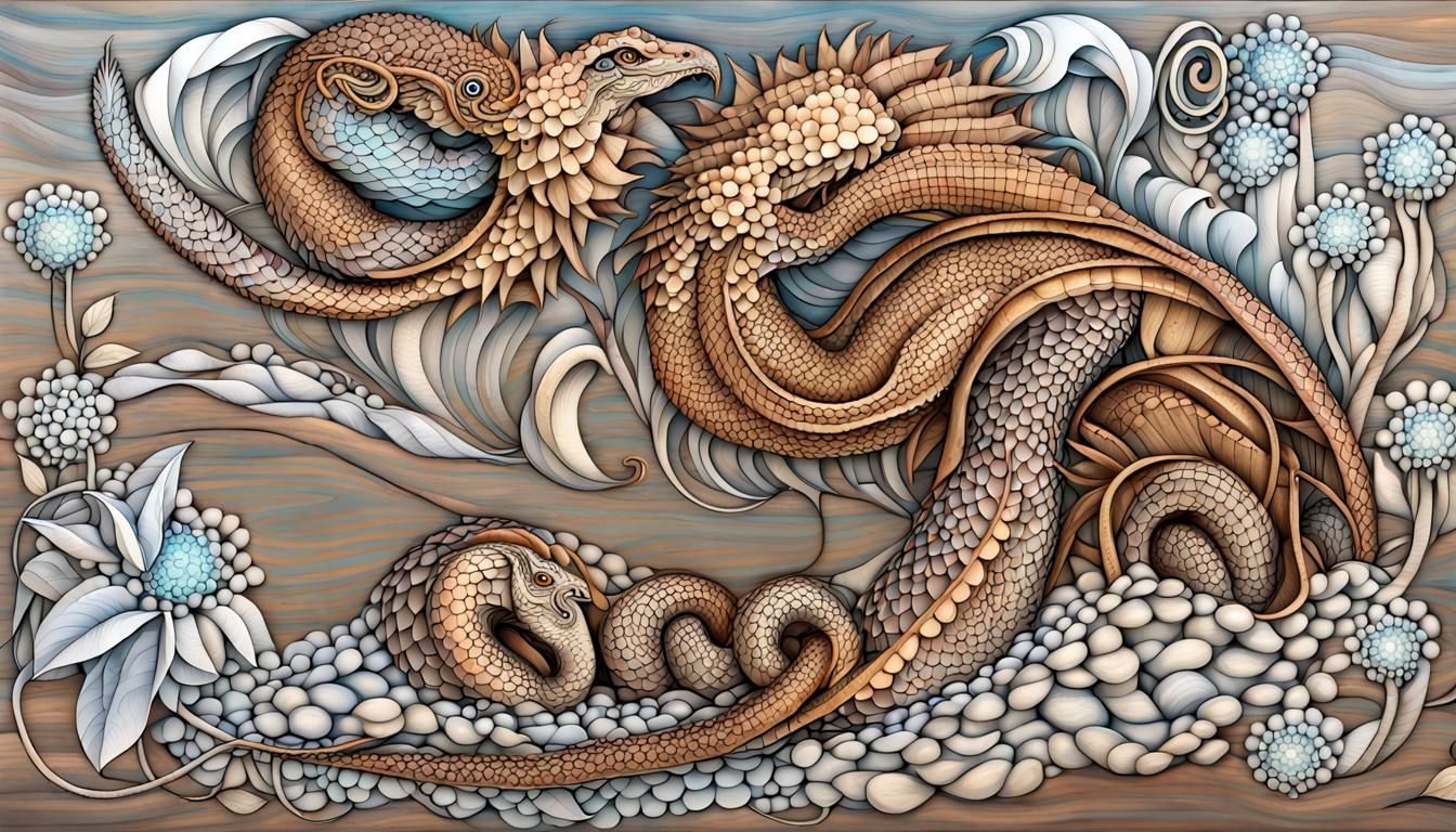 Surreal Interwoven Dragon, Sheep, and Snake