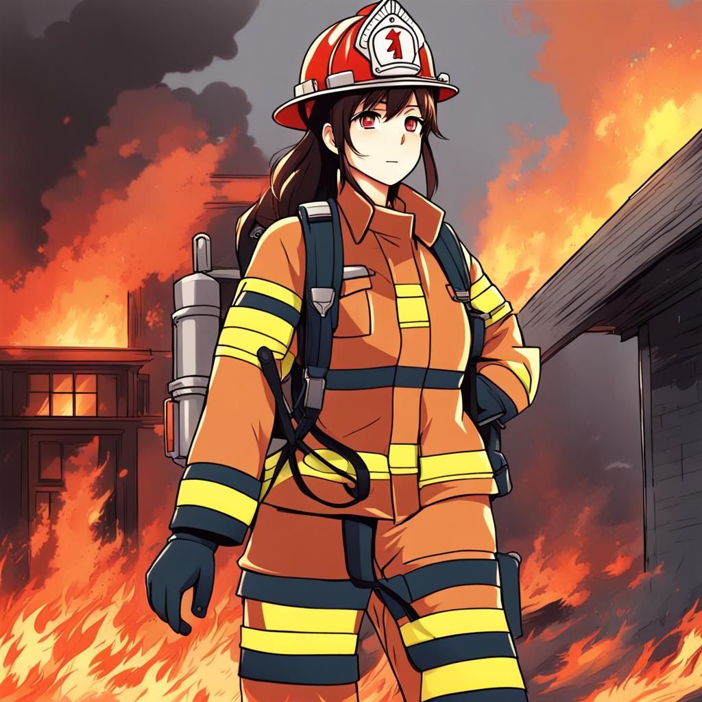 Anime Style Firefighter Saving Person From Fire