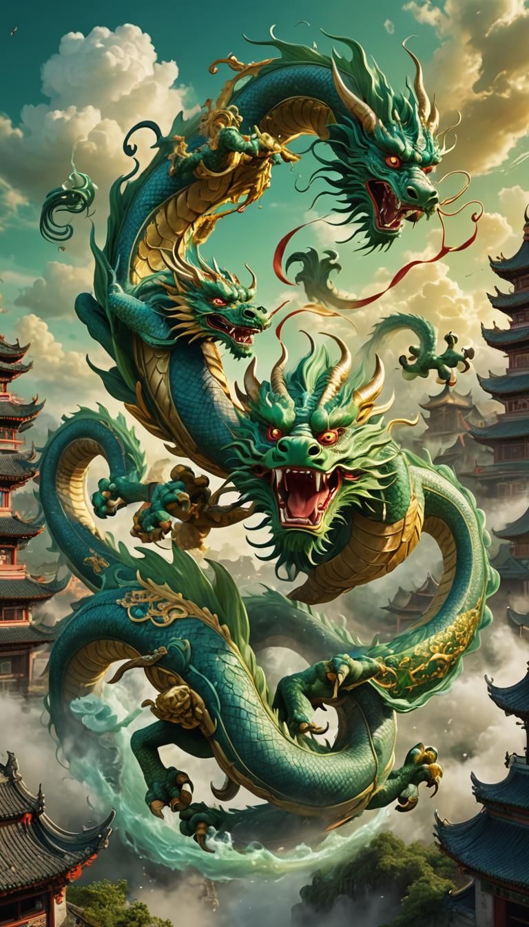 Chinese Dragon and Phoenix Dance in Golden Sky