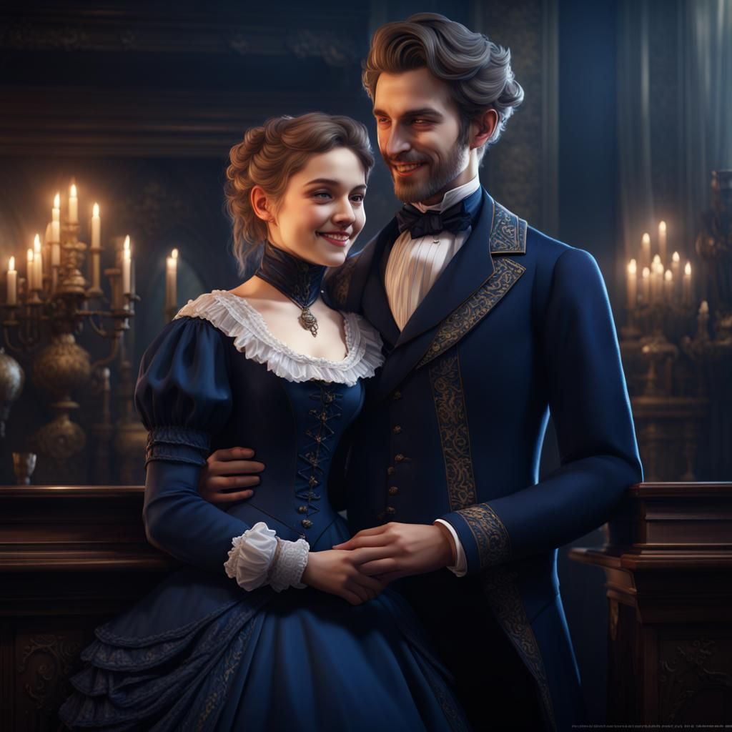 Victorian Girl Embraces Stern Young Man, Detailed Digital Ar...