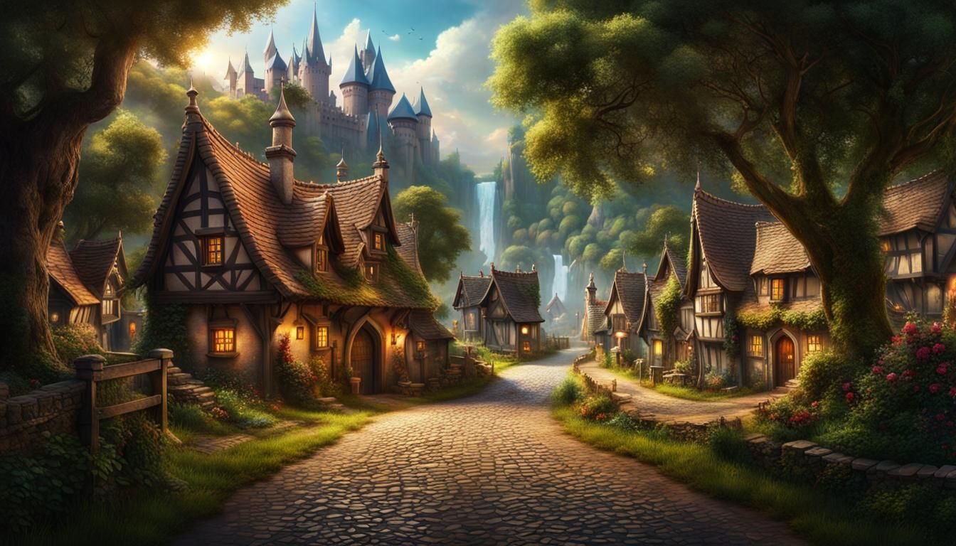 Epic Fantasy Village Scene with Knights, Photorealistic 8K