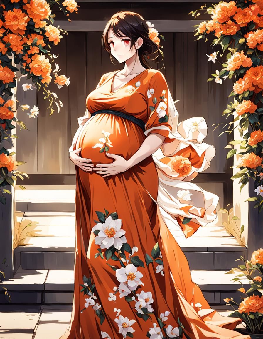 Pregnant Woman in Anime Style Orange Dress