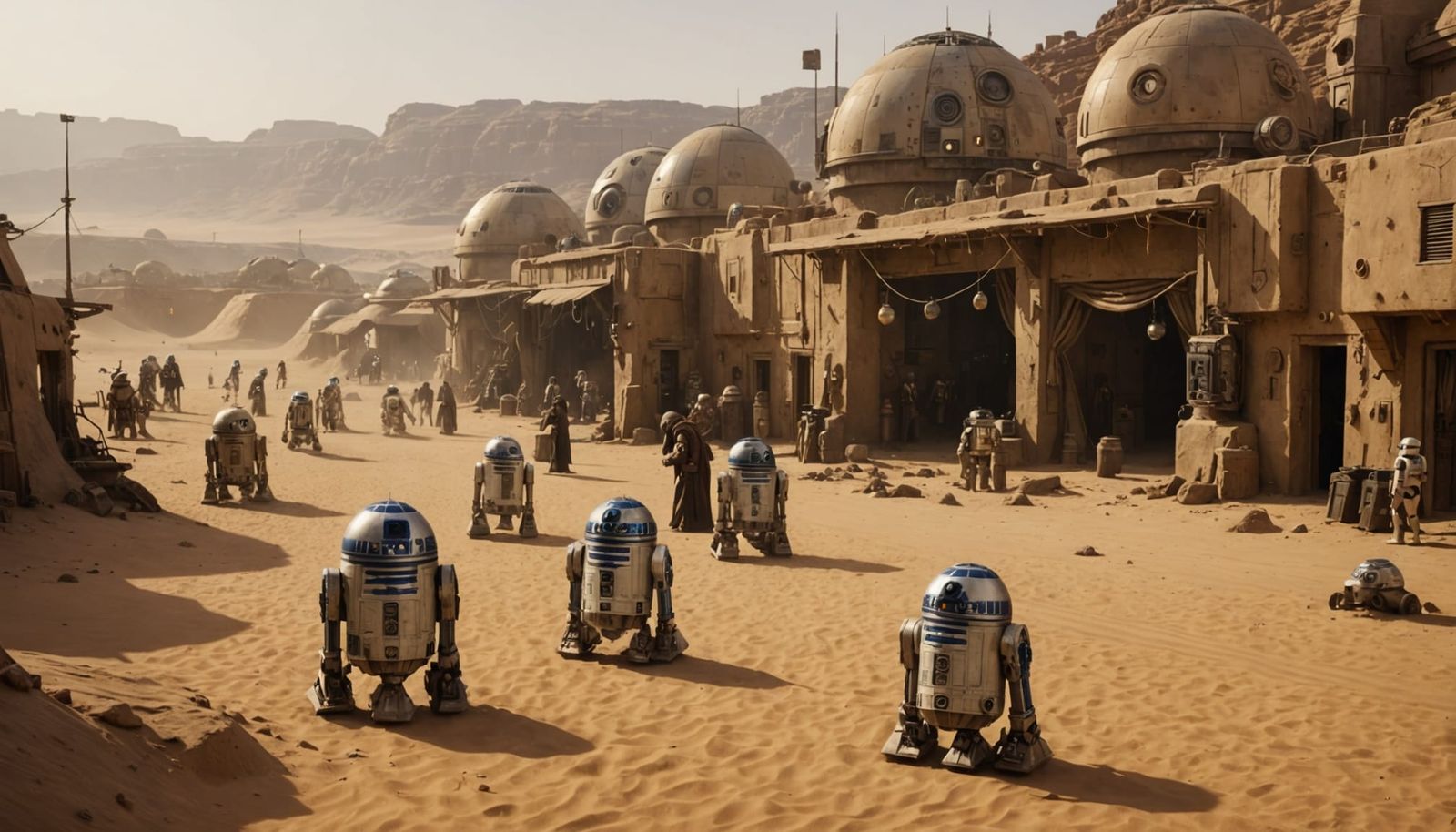 Droids Traverse Dusty Tatooine Street in Cinematic Desert Sc...