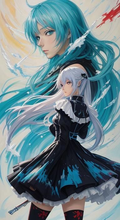 3D anime art, Hyperdetailed, Fantasy anime, Pretty girl, Turquoise, Blue, Black, Red, white dress Girl standing(A tight-...