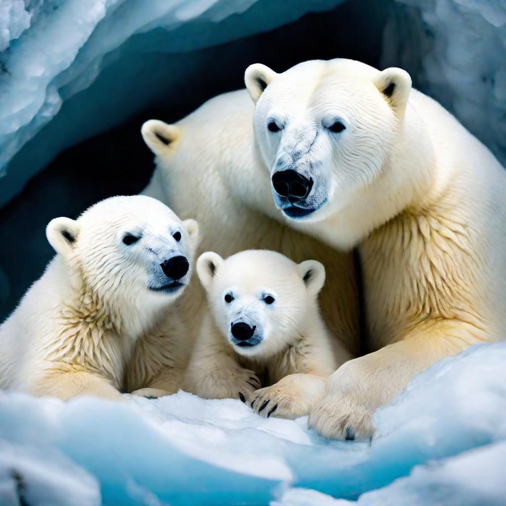 Polar Bear Family Cuddle in Ice Cave