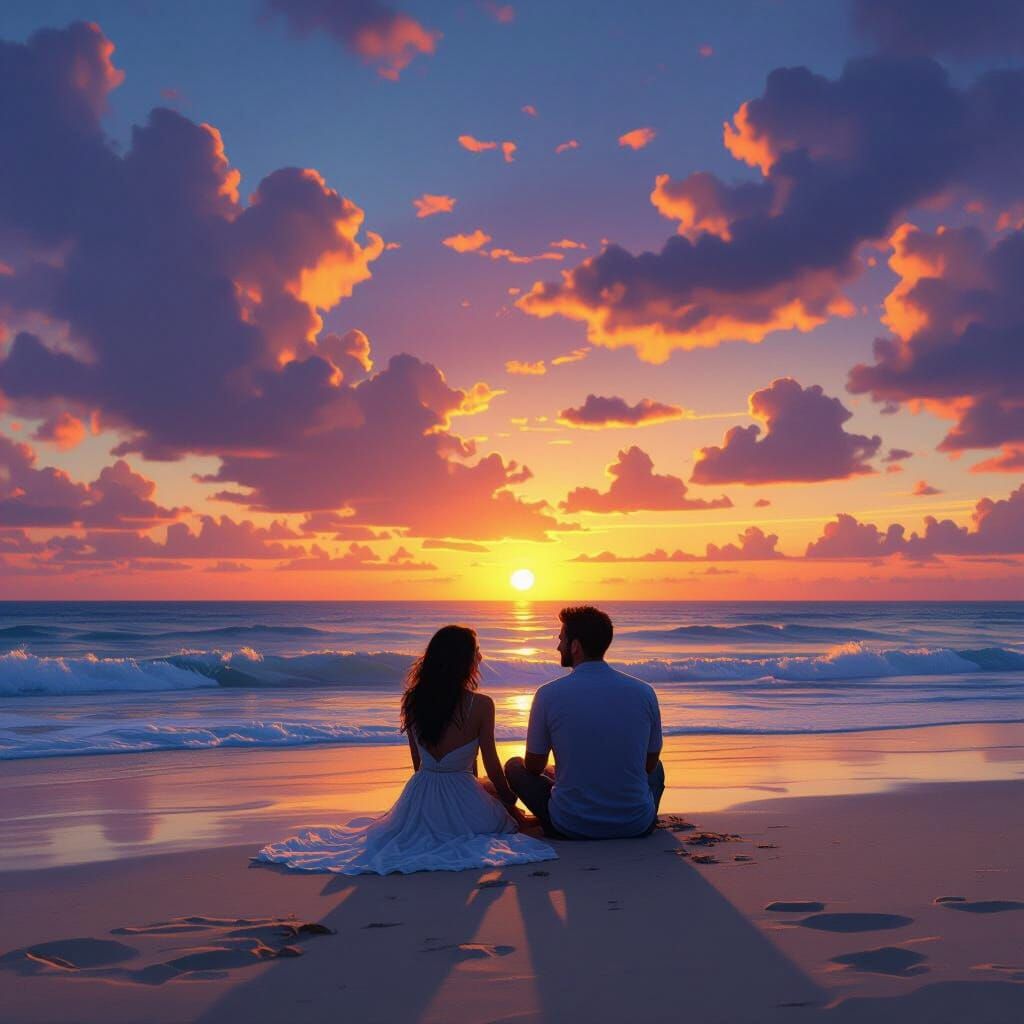 Couple Silhouetted at Beach Sunset