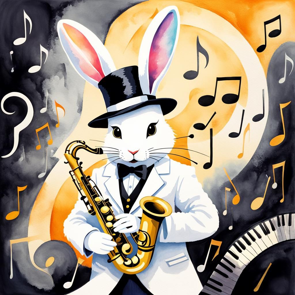 Jazz Rabbit in Zoot Suit, Watercolor Style