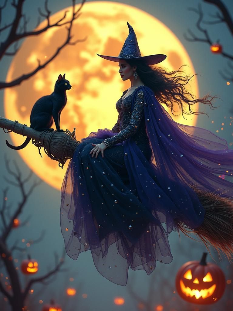 Maleficent Witch Soaring Across Halloween Moon