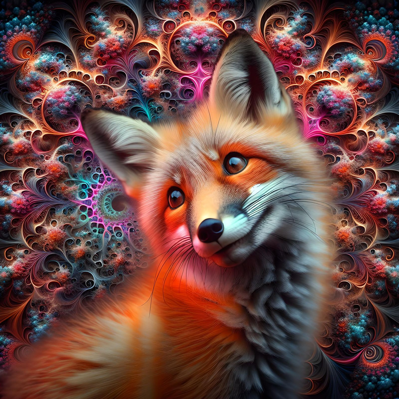 Joyful Fox Portrait with Sci-Fi Fractal Background