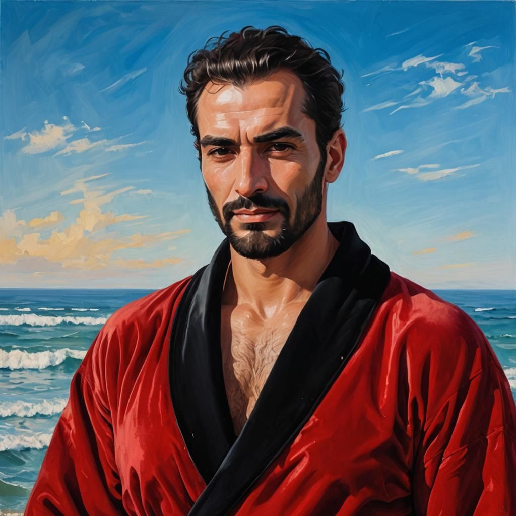 Hirsute Man in Red Robe on Seashore, Impressionism
